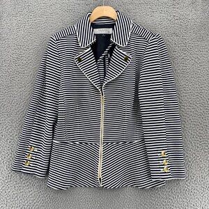 Tahari Jacket Womens 6 Black White Stripe Knit Full Zip 3/4 Sleeve Stretch Moto